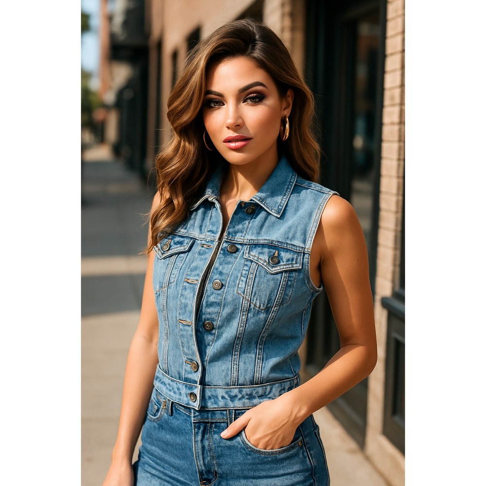Women's Light‎ Wash Denim Jean Vest GJG Sleeveless Button Up Distressed  Size S